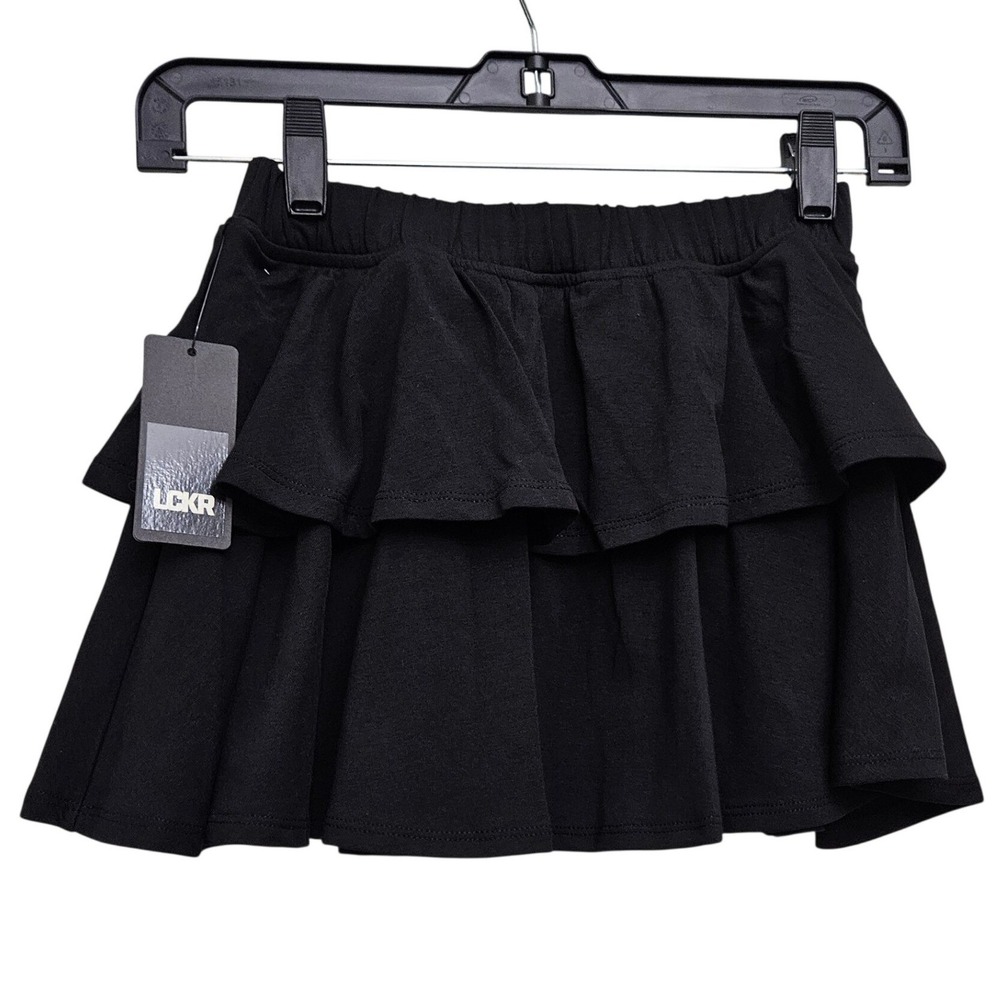 LCKR Ruffle Tiered Skort Girls Large Black Cotton Jersey Shorts Skirt Athleisure